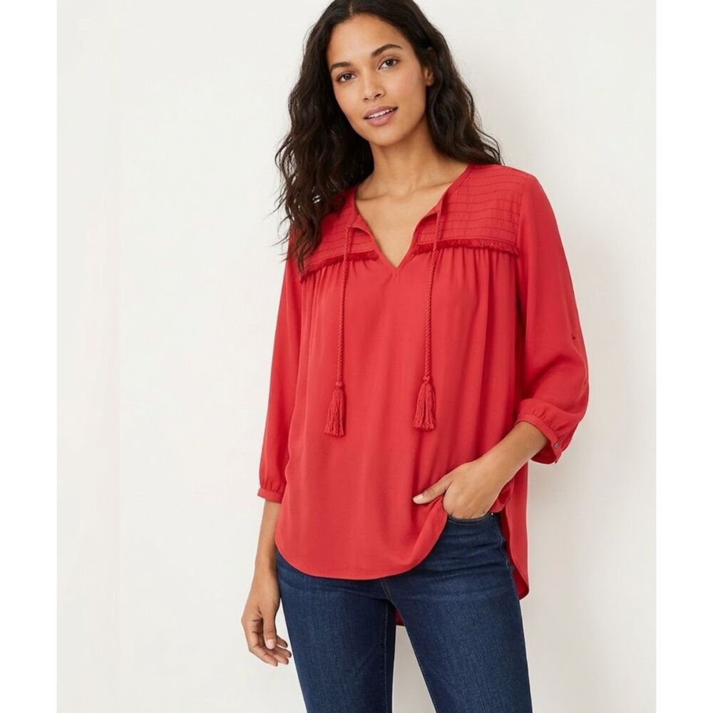 LOFT V-Neck Tassle Tie Blouse Textured Yoke Red Women's Size Large Petite